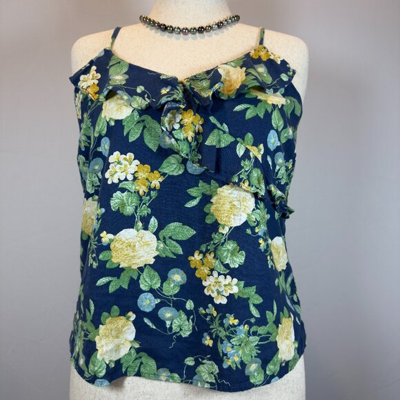 Old Navy Tops - Old Navy Linen Blend Blue Floral Ruffle Cami | Size M